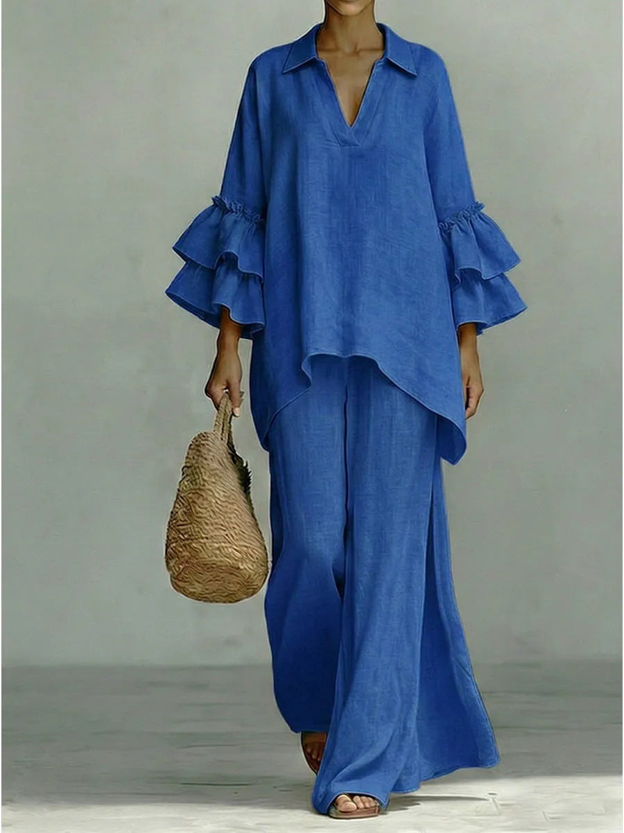 Bohemian Casual Cotton And Linen Pant Co-ord Set With Patchwork Printing And Trumpet Sleeves, 2 Pieces Set
