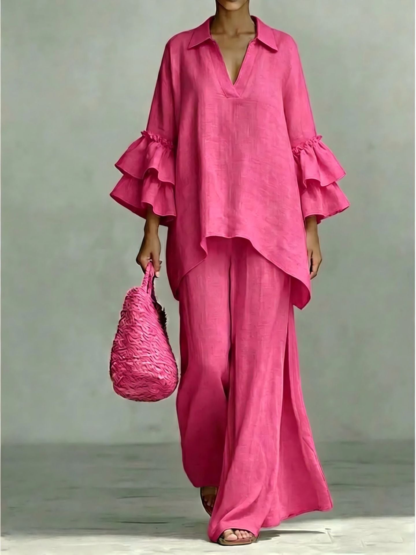 Bohemian Casual Cotton And Linen Pant Co-ord Set With Patchwork Printing And Trumpet Sleeves, 2 Pieces Set