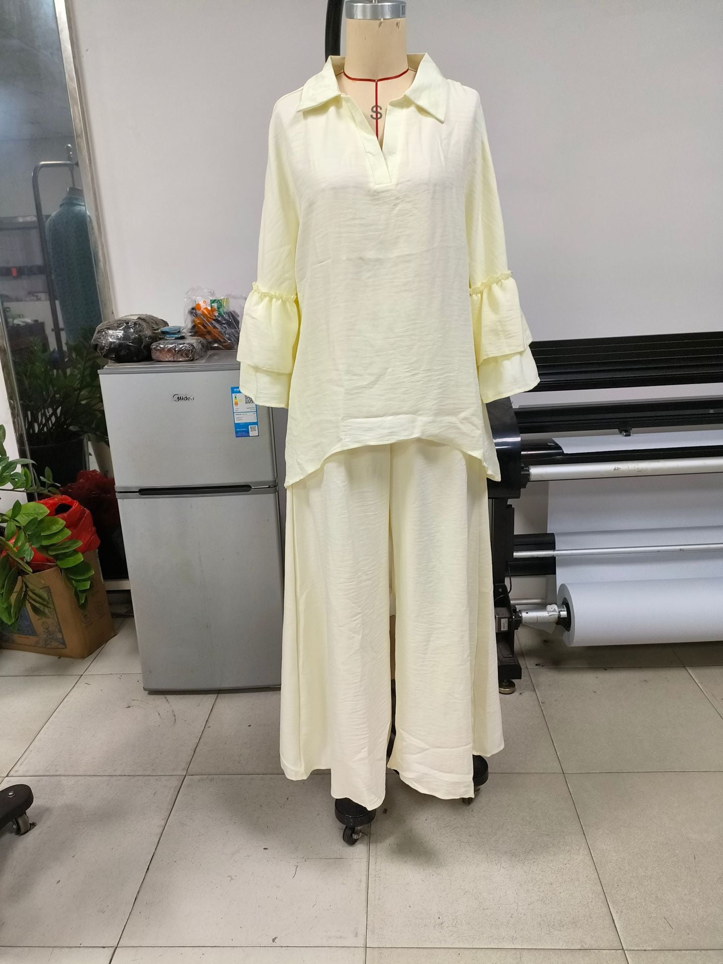 Bohemian Casual Cotton And Linen Pant Co-ord Set With Patchwork Printing And Trumpet Sleeves, 2 Pieces Set