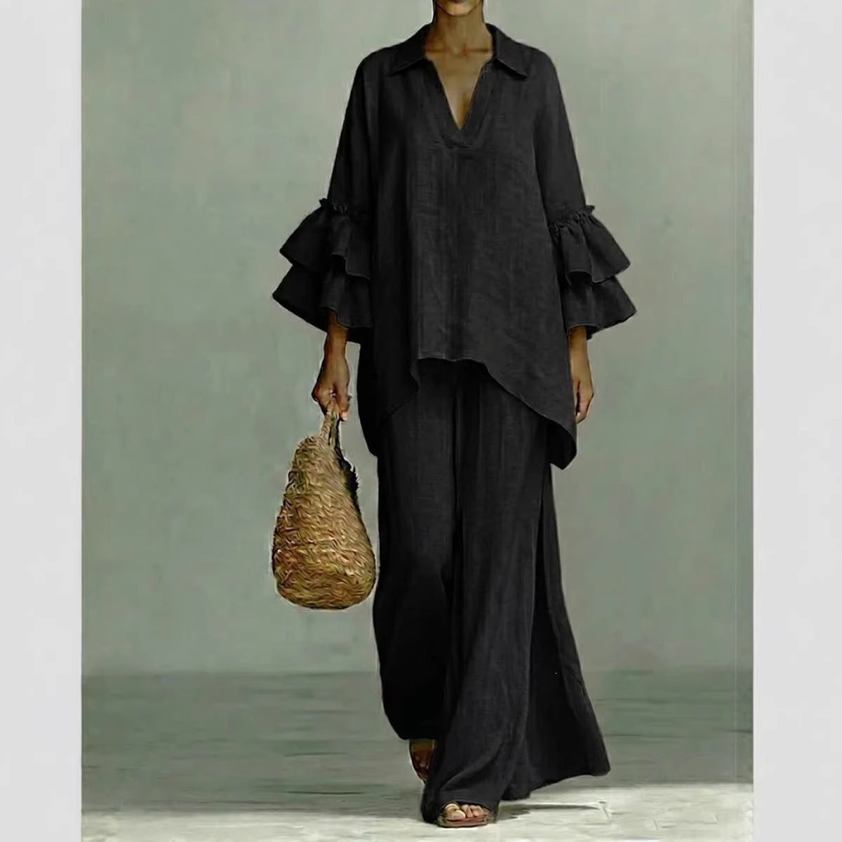 Bohemian Casual Cotton And Linen Pant Co-ord Set With Patchwork Printing And Trumpet Sleeves, 2 Pieces Set