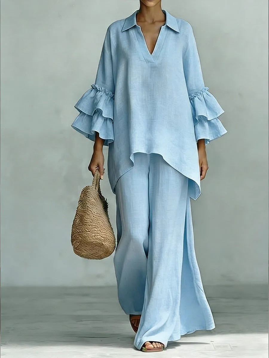 Bohemian Casual Cotton And Linen Pant Co-ord Set With Patchwork Printing And Trumpet Sleeves, 2 Pieces Set