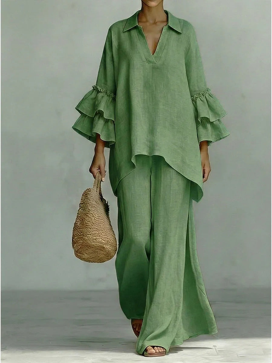 Bohemian Casual Cotton And Linen Pant Co-ord Set With Patchwork Printing And Trumpet Sleeves, 2 Pieces Set
