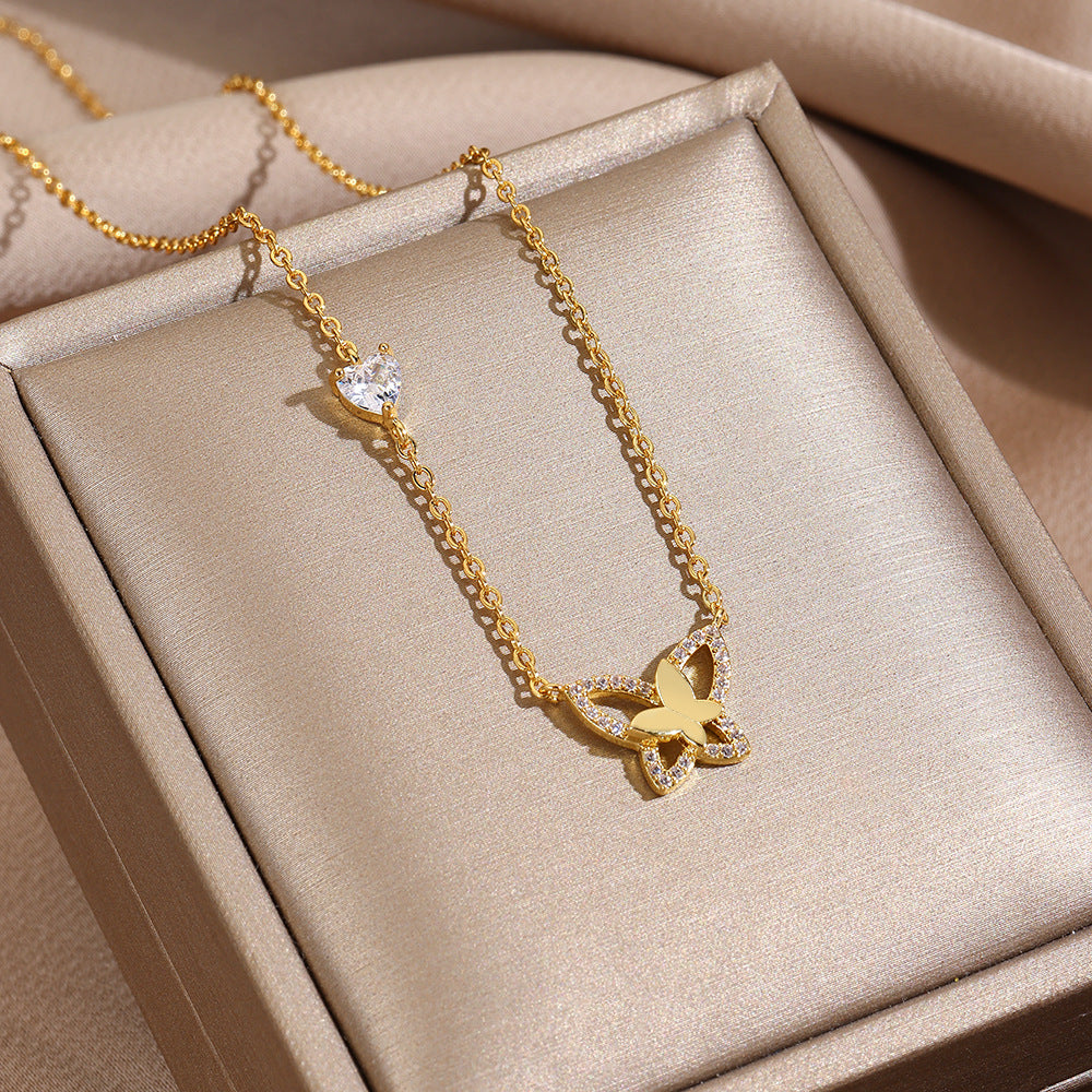 Butterfly Necklace For Women With Copper Chain And Pendant, Electroplated Finish Featuring Zircon Inlay