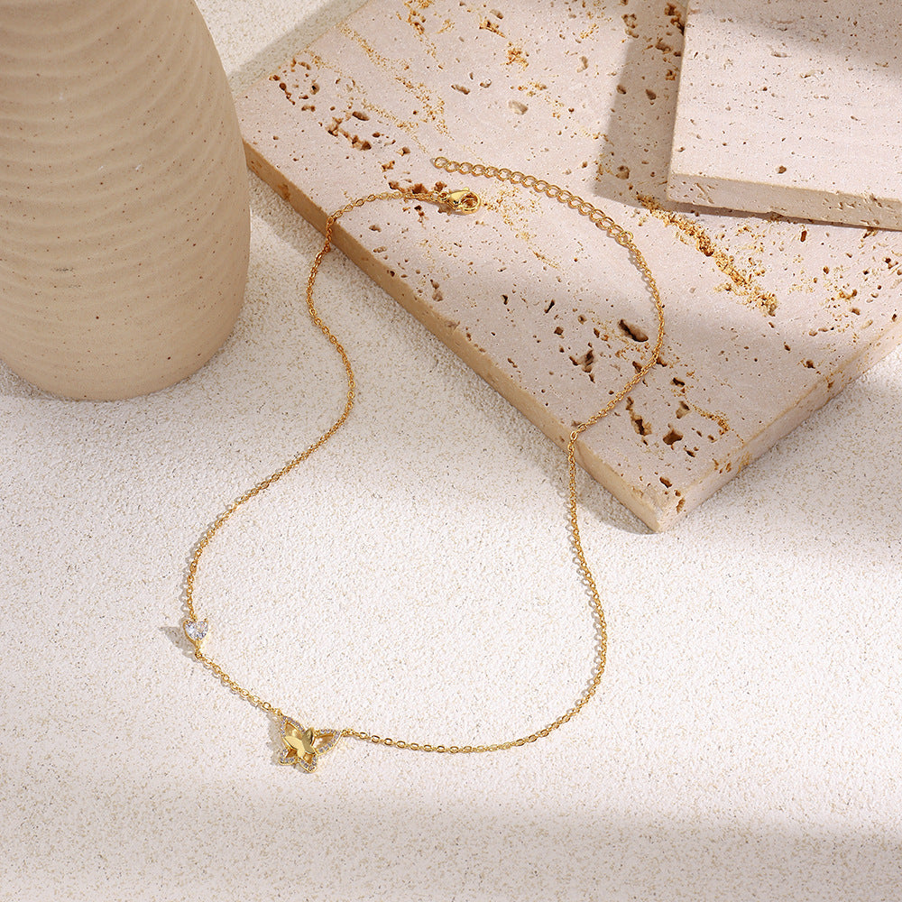 Butterfly Necklace For Women With Copper Chain And Pendant, Electroplated Finish Featuring Zircon Inlay