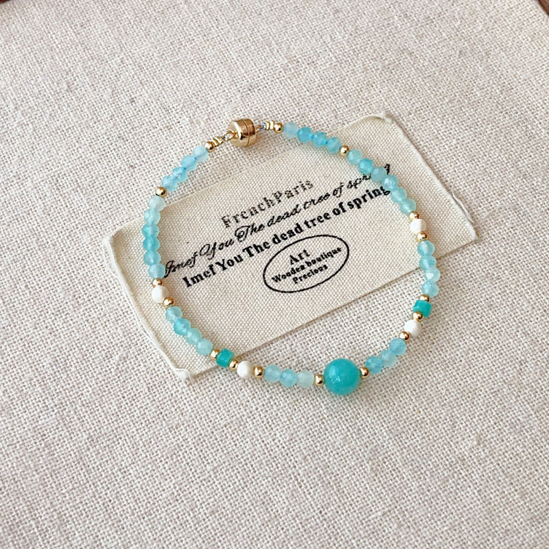 Sweet Geometric Beaded Amazonite Bracelet For Women In Light Green With Natural Stone Inlay