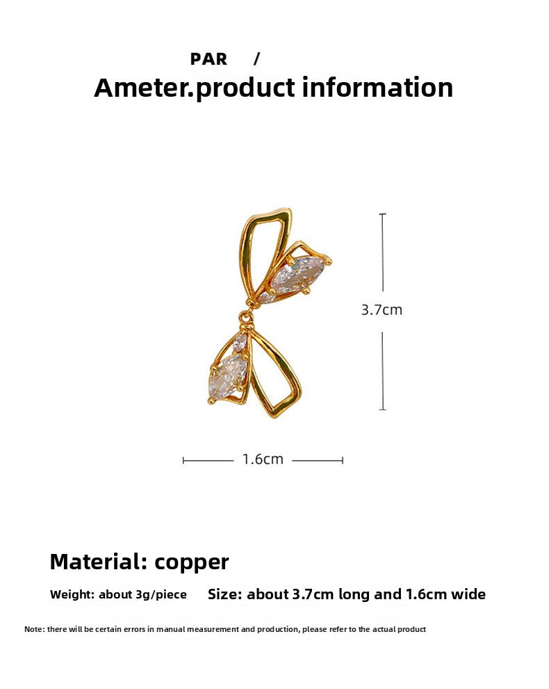 Gold Bow Tie Earrings For Women Featuring Copper Material And 925 Sterling Silver Ear Pins With Zircon Inlay
