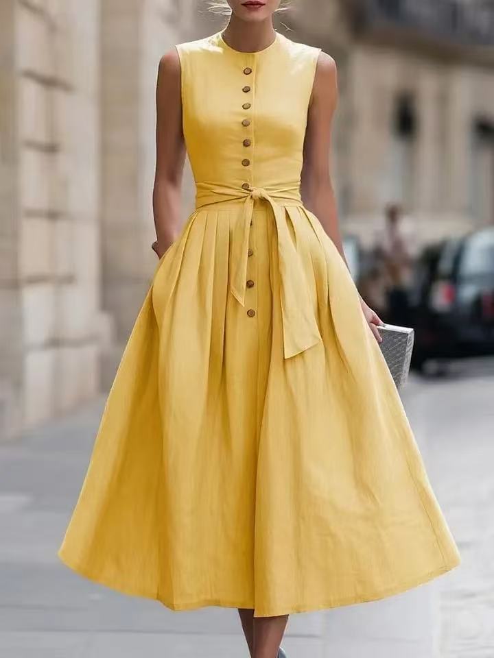 Elegant Solid Color Sleeveless V Neck Maxi Long Dress In Cotton And Linen Fabric