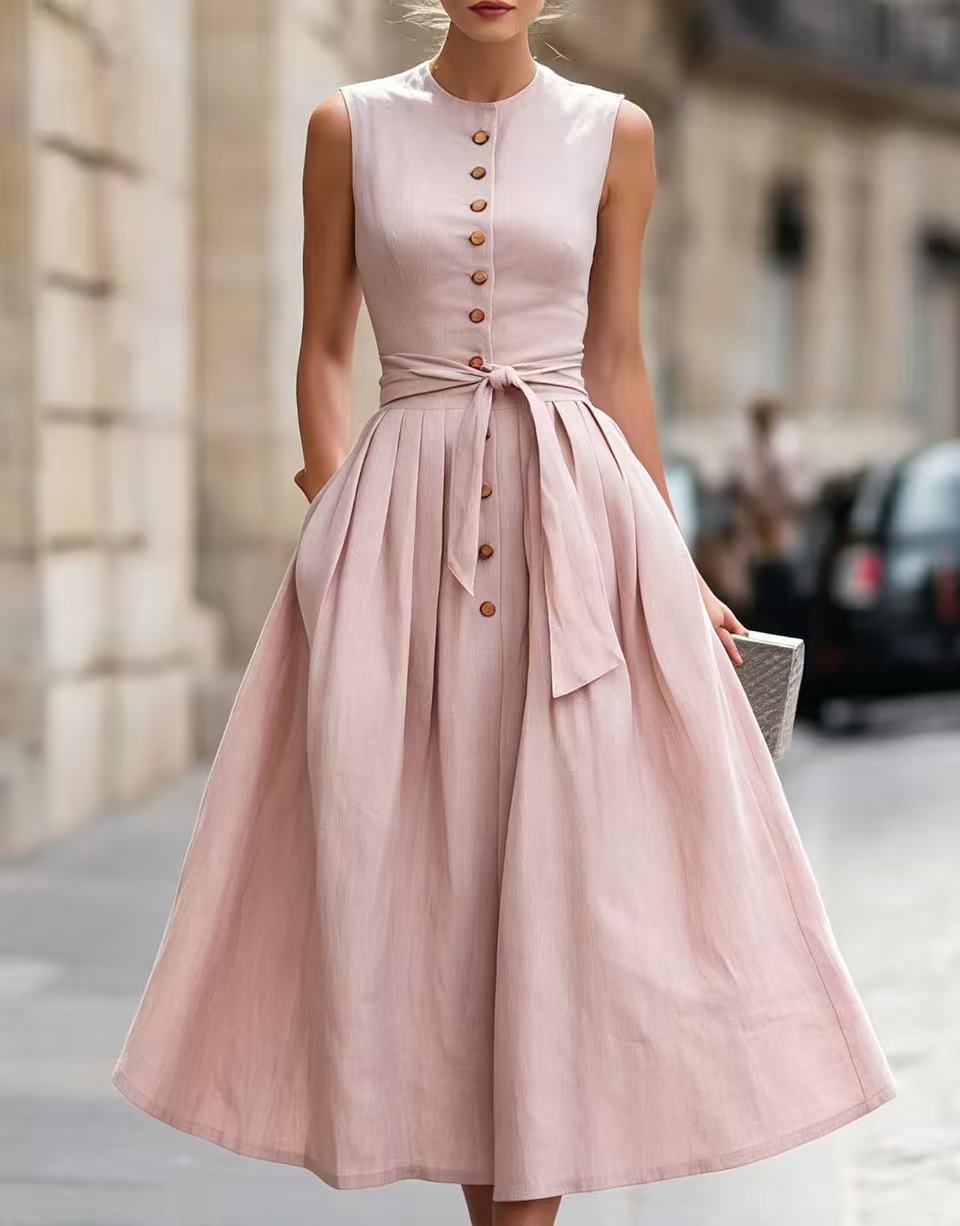 Elegant Solid Color Sleeveless V Neck Maxi Long Dress In Cotton And Linen Fabric