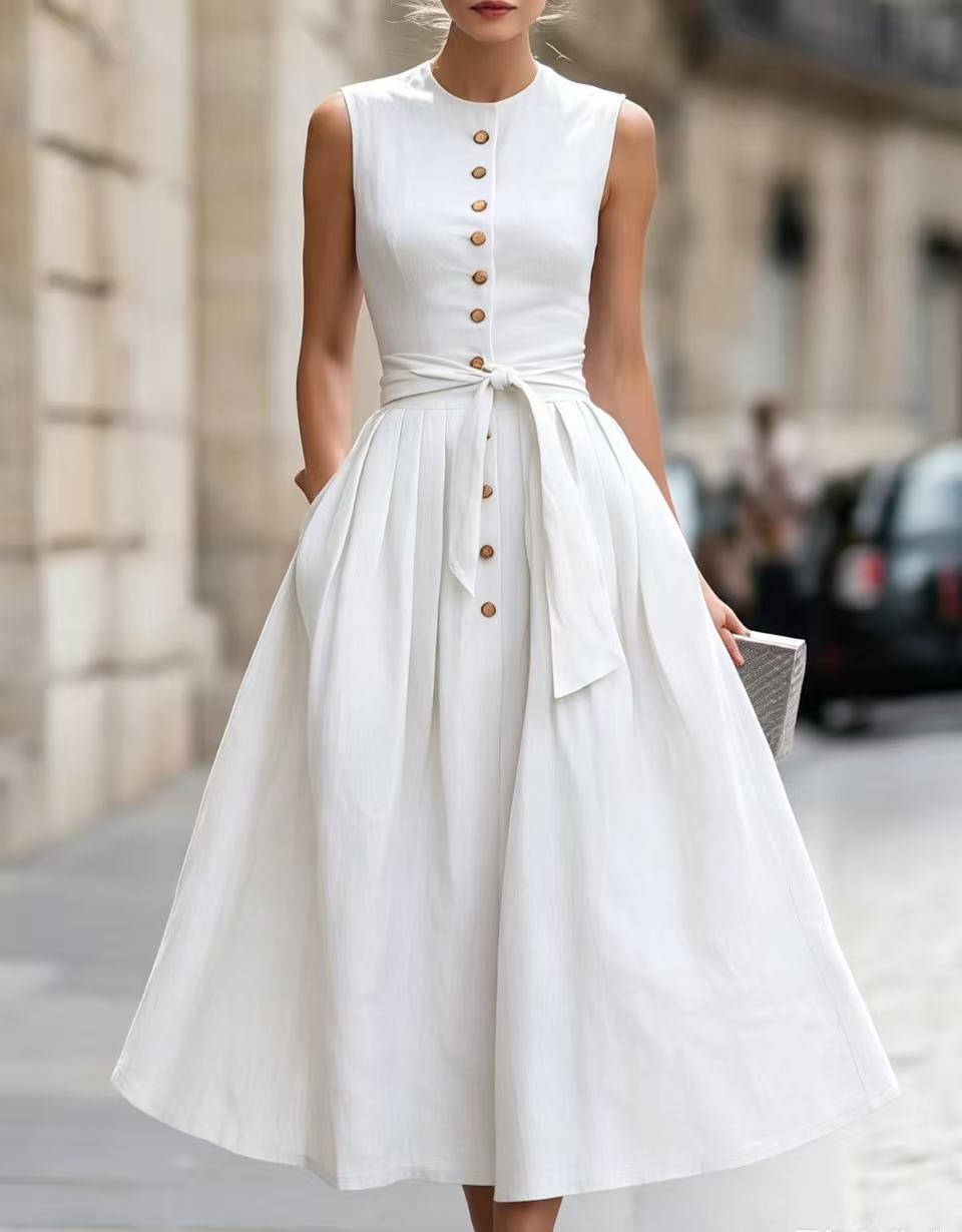 Elegant Solid Color Sleeveless V Neck Maxi Long Dress In Cotton And Linen Fabric