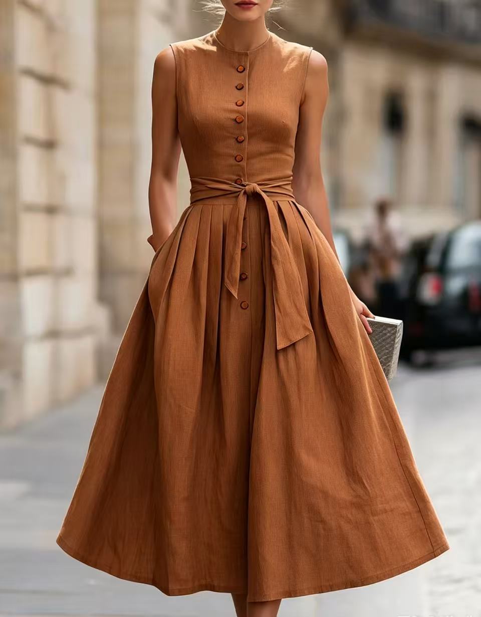 Elegant Solid Color Sleeveless V Neck Maxi Long Dress In Cotton And Linen Fabric