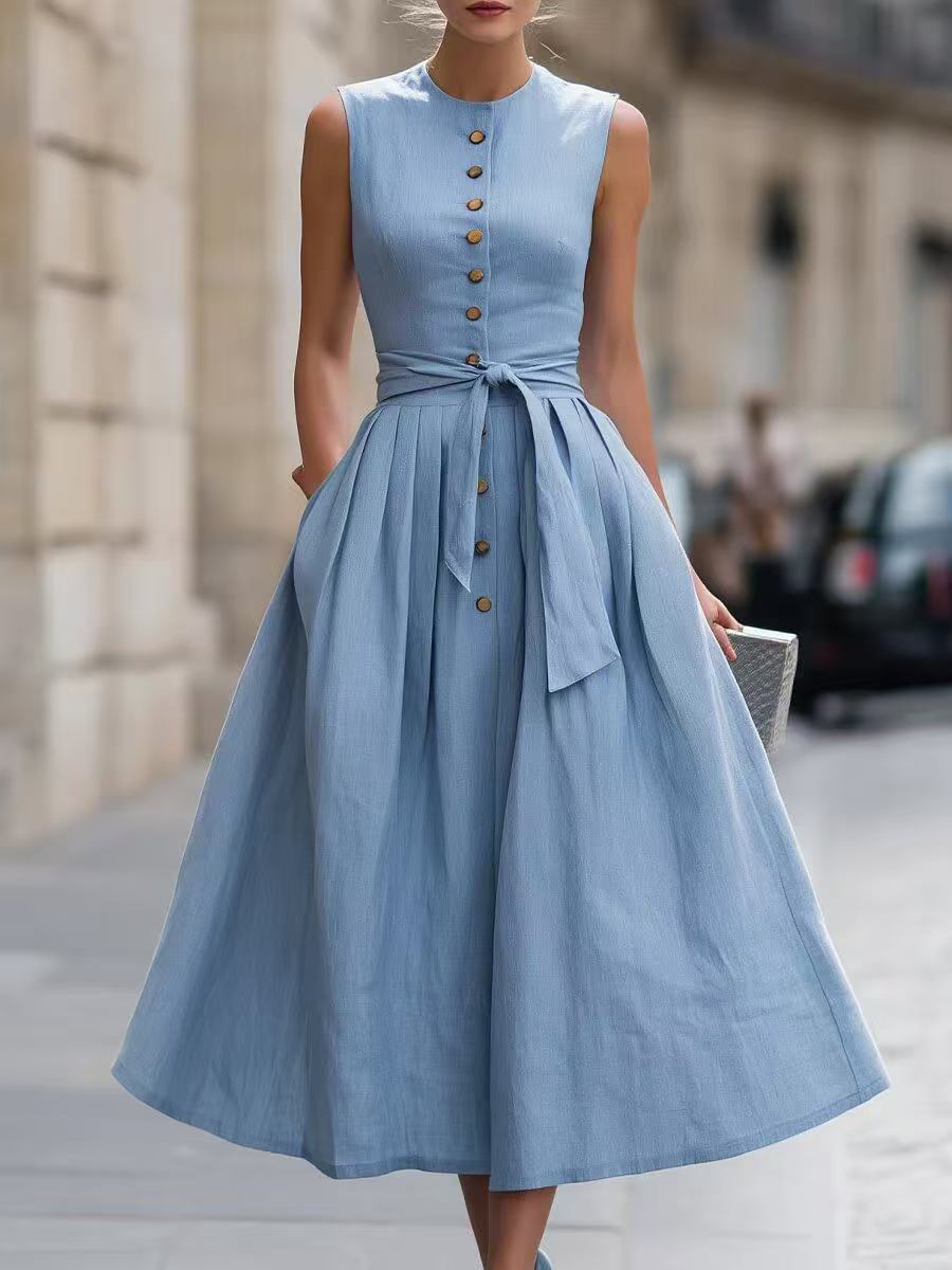 Elegant Solid Color Sleeveless V Neck Maxi Long Dress In Cotton And Linen Fabric
