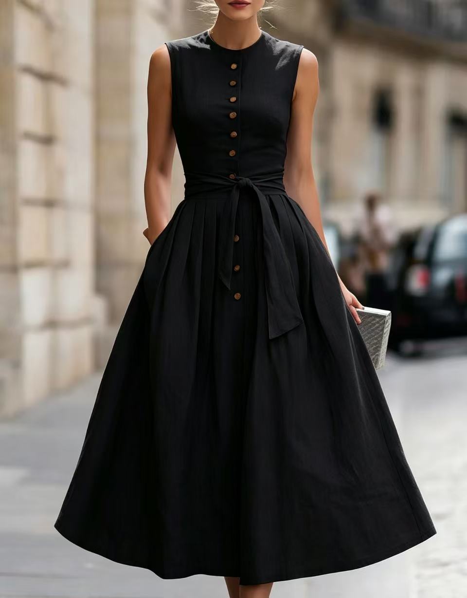 Elegant Solid Color Sleeveless V Neck Maxi Long Dress In Cotton And Linen Fabric
