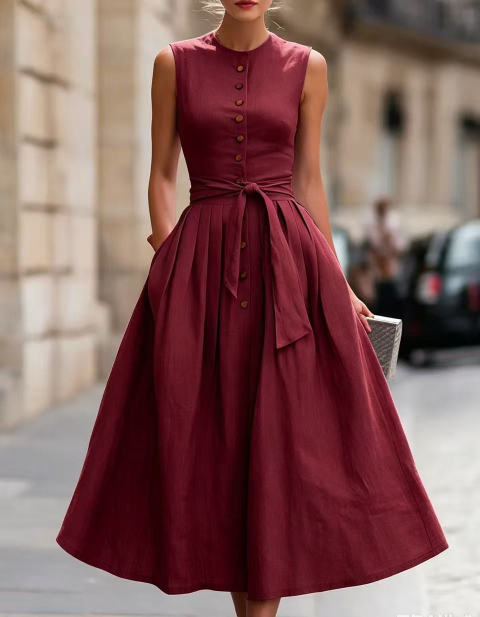 Elegant Solid Color Sleeveless V Neck Maxi Long Dress In Cotton And Linen Fabric