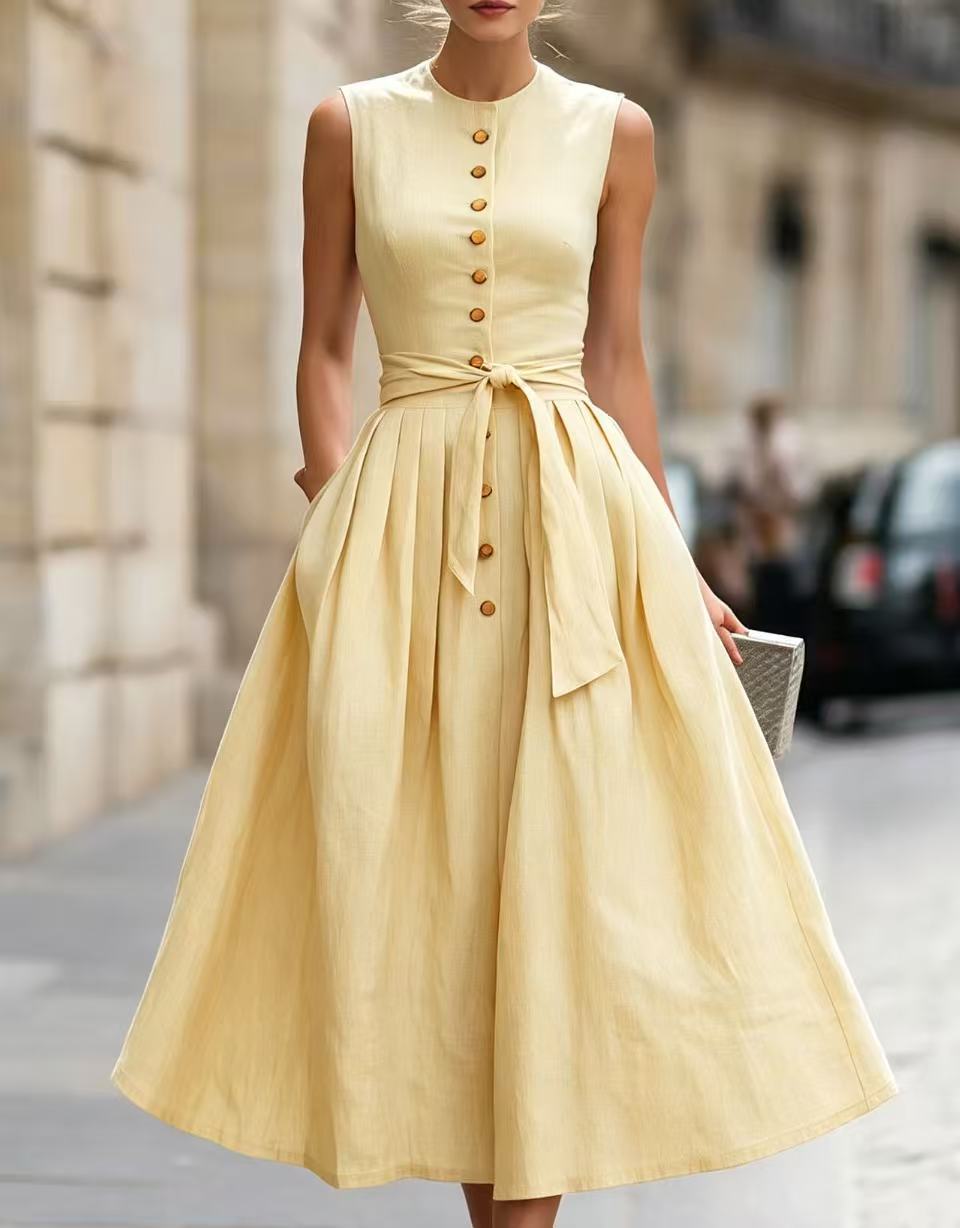 Elegant Solid Color Sleeveless V Neck Maxi Long Dress In Cotton And Linen Fabric