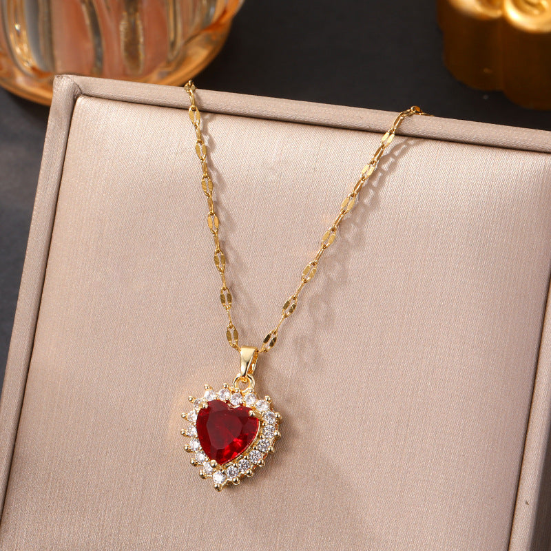 Heart Shape Gold Titanium Steel Necklace With Zircon Inlay And Copper Pendant For Women, Featuring Cable Chain