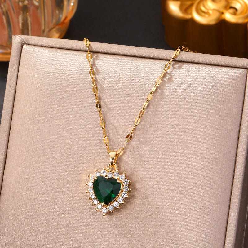 Heart Shape Gold Titanium Steel Necklace With Zircon Inlay And Copper Pendant For Women, Featuring Cable Chain