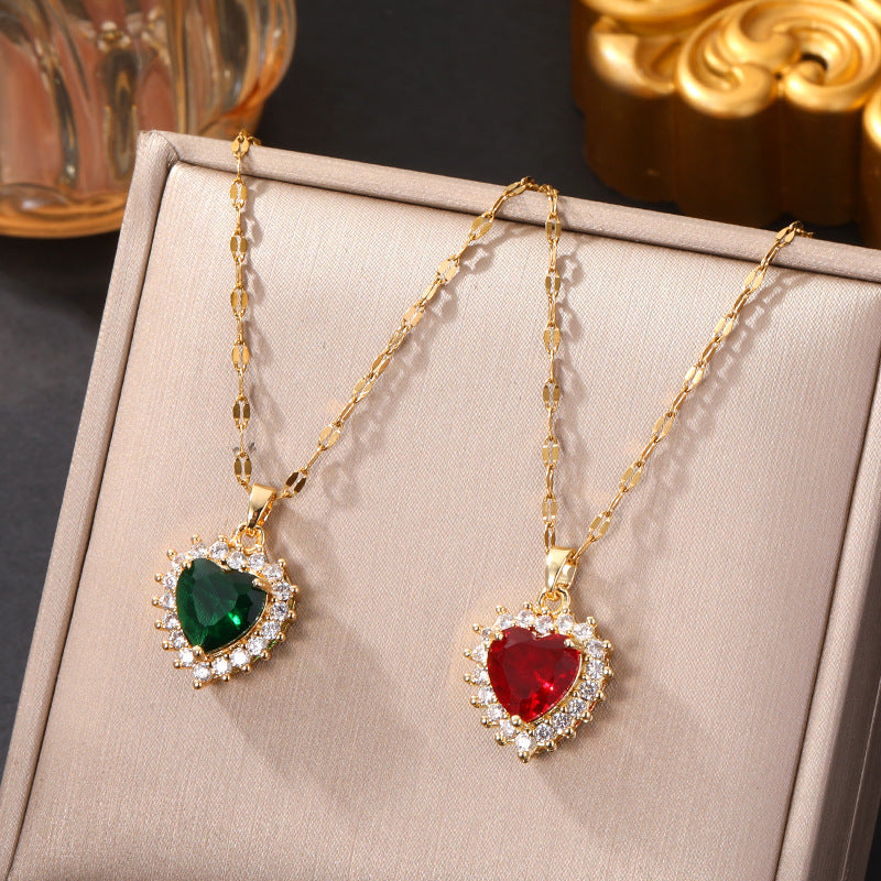 Heart Shape Gold Titanium Steel Necklace With Zircon Inlay And Copper Pendant For Women, Featuring Cable Chain