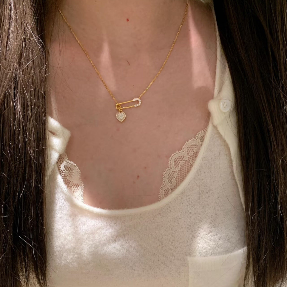 Heart Shape Necklace For Women With 24K Real Gold Plated Copper And Zircon Inlay, Featuring Electroplated Finish And Paperclip Chain