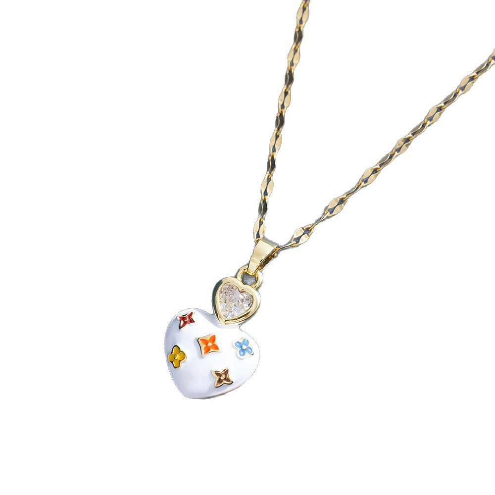 Heart Shape Enamel Necklace For Couples In Copper With 18K Real Gold Plated Finish And Zircon Inlay, Featuring Coffee Bean Chain