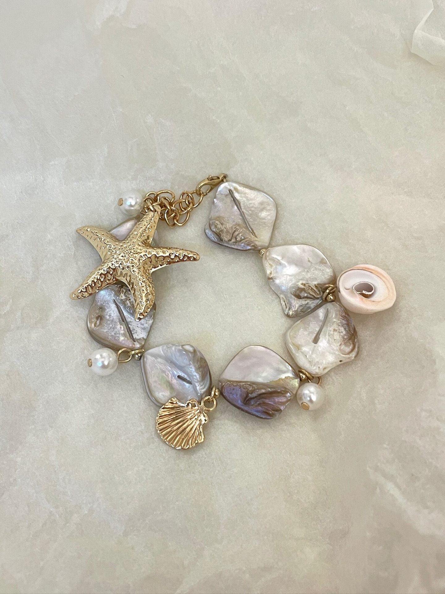 Starfish Beaded Marine Style Bracelet For Women Featuring Shell Material And Shell Inlay