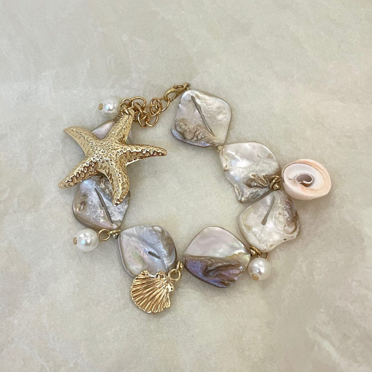 Starfish Beaded Marine Style Bracelet For Women Featuring Shell Material And Shell Inlay