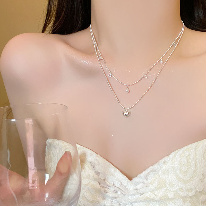 Heart Shape Double Layer Necklace For Women In Sweet Style With Copper Pendant And Zircon Inlay, Electroplated Gold Finish