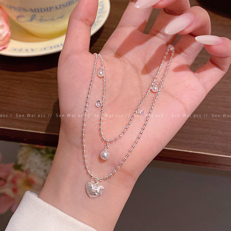 Heart Shape Double Layer Necklace For Women In Sweet Style With Copper Pendant And Zircon Inlay, Electroplated Gold Finish