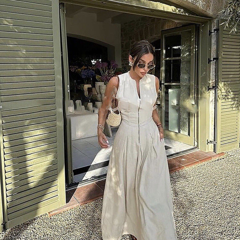 Elegant Solid Color Sleeveless Sheath Dress With Round Neck For Office, Made Of Polyester