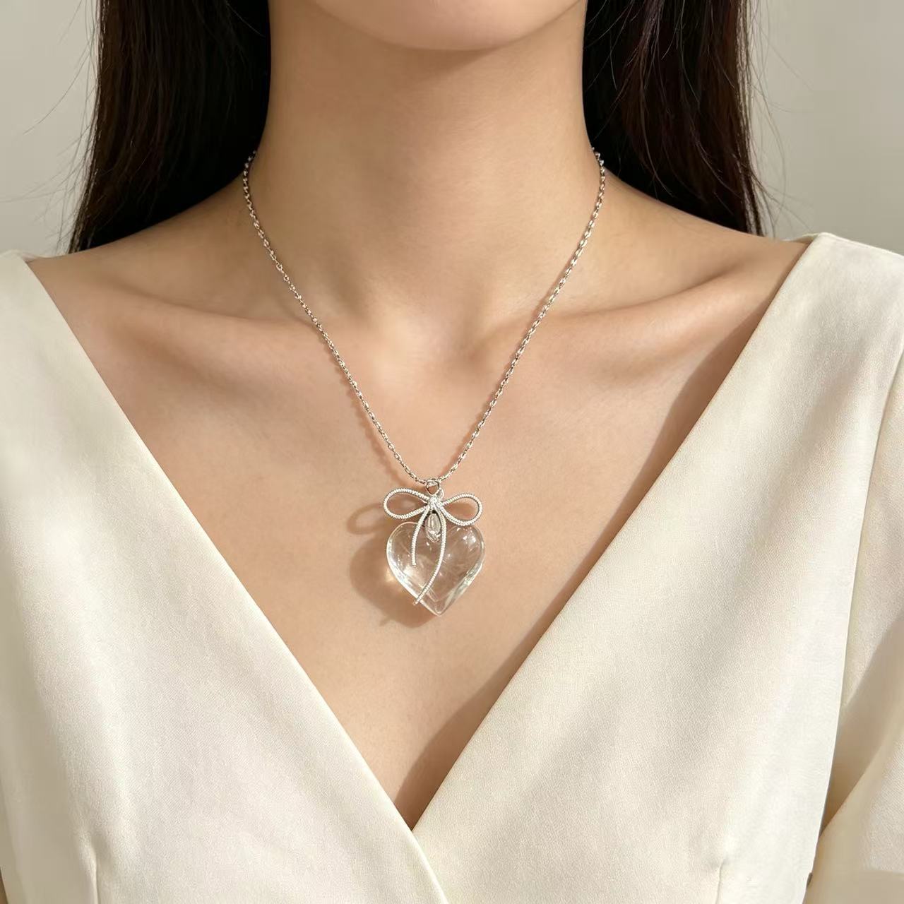 Bow Tie Necklace For Women Featuring Copper Alloy Pendant In Transparent Color, Perfect For Daily Wear