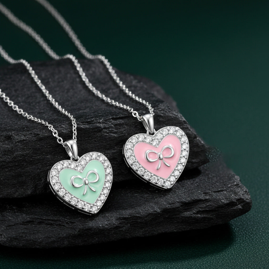 Sweet Heart Shape Necklace For Women In Green Copper With Zircon Inlay And Cable Chain