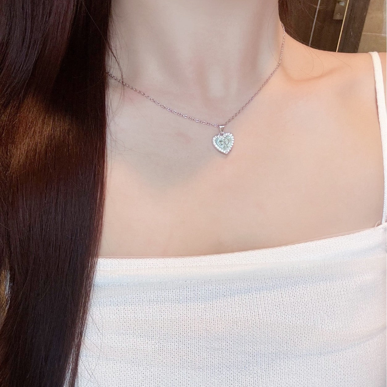 Sweet Heart Shape Necklace For Women In Green Copper With Zircon Inlay And Cable Chain