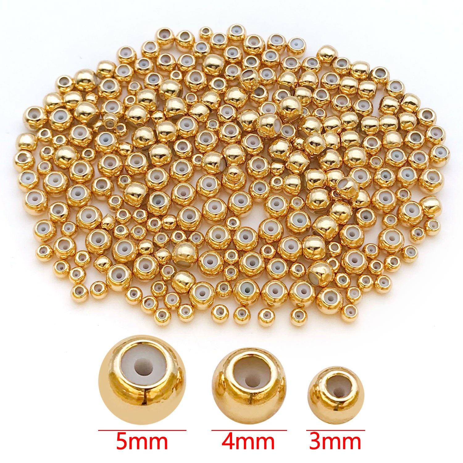 3mm Diameter Copper Crimp Bead With 18K Real Gold Plated Electroplated Finish, Hole Size 3~3.9mm, 1 PCS Package