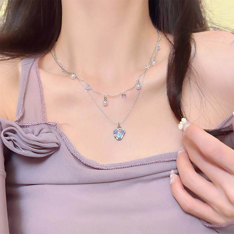 New Style Double Layer Heart Shape Necklace For Adults, Electroplated Alloy With Copper Pendant And Rhinestone Inlay