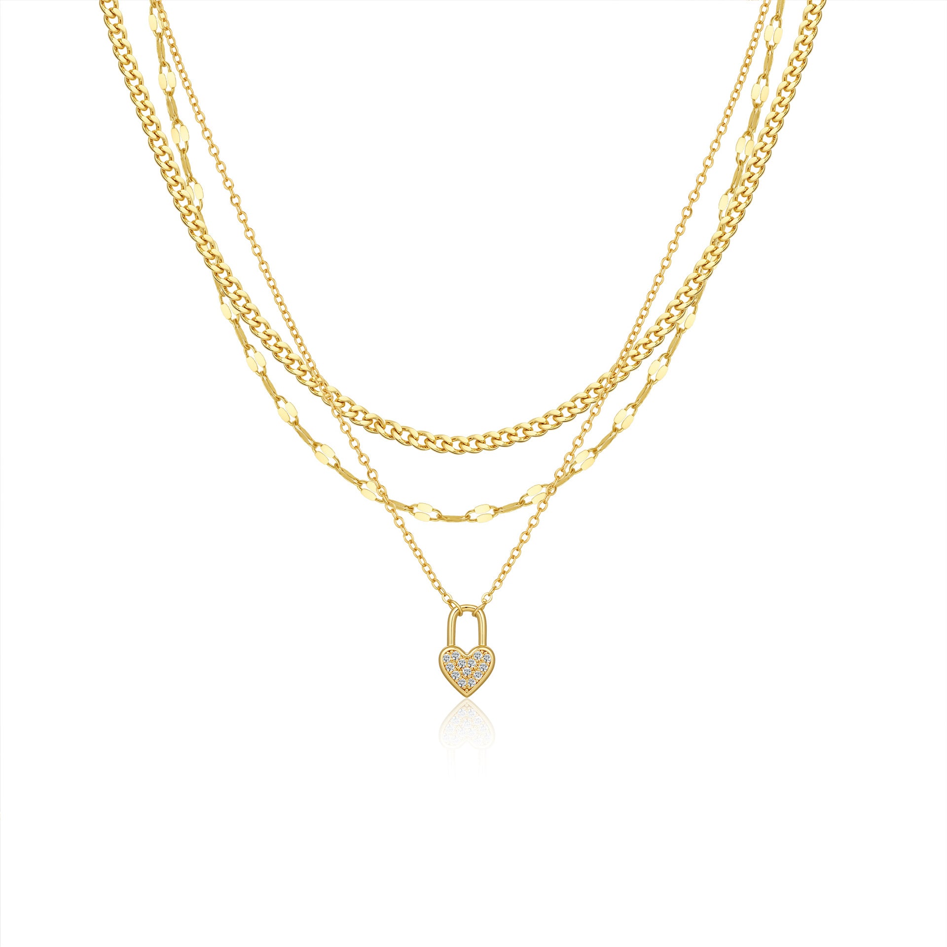 Heart Shape Three Layer Necklace For Women With Copper Alloy Chain And Pendant, Electroplated Finish Featuring Zircon Inlay