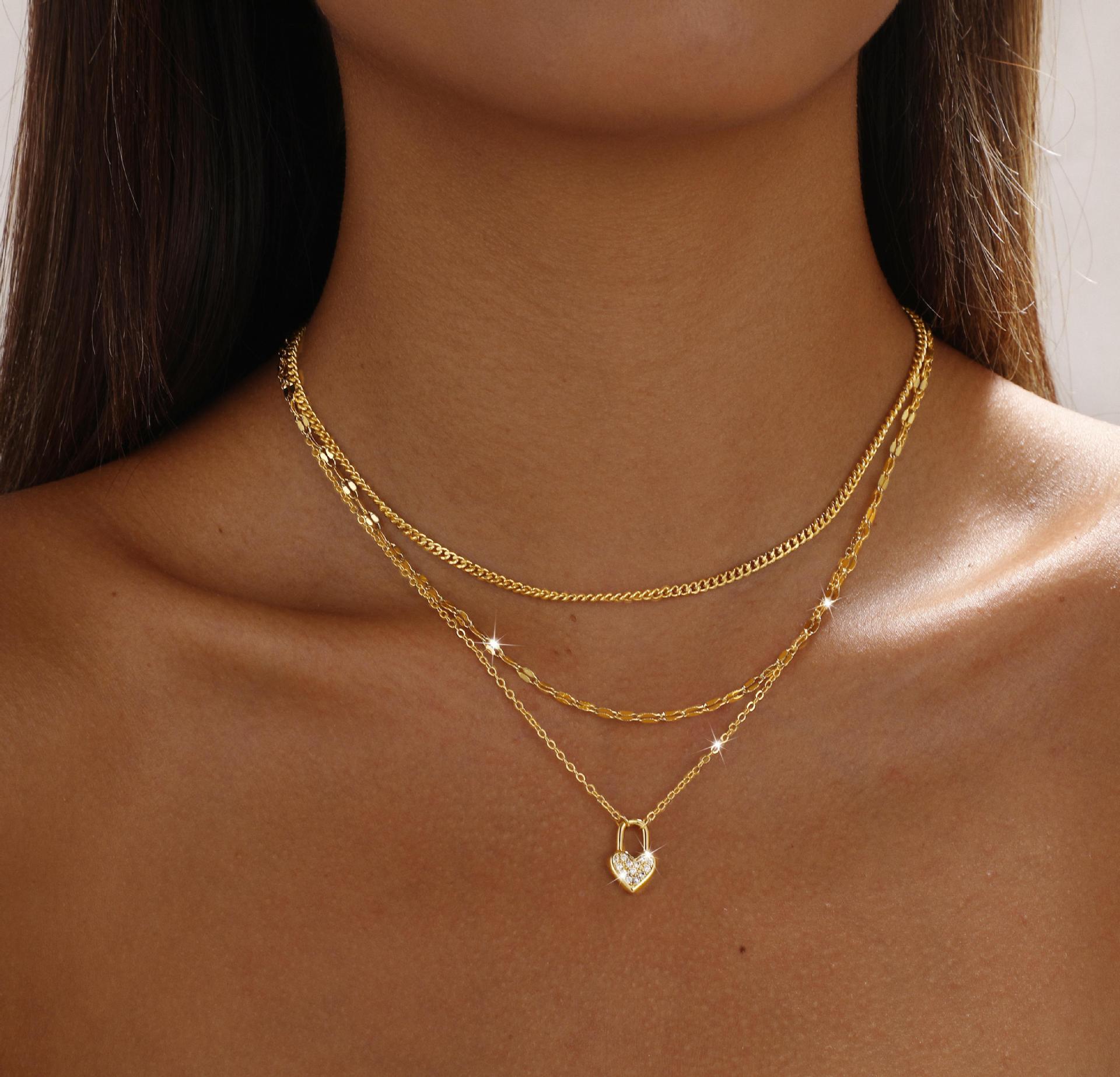 Heart Shape Three Layer Necklace For Women With Copper Alloy Chain And Pendant, Electroplated Finish Featuring Zircon Inlay