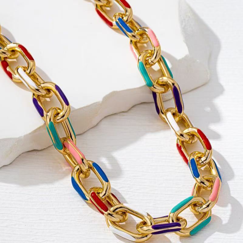 Gold Color Block Hip-Hop Necklace With Zinc Alloy Enamel Pendant, Unisex Style