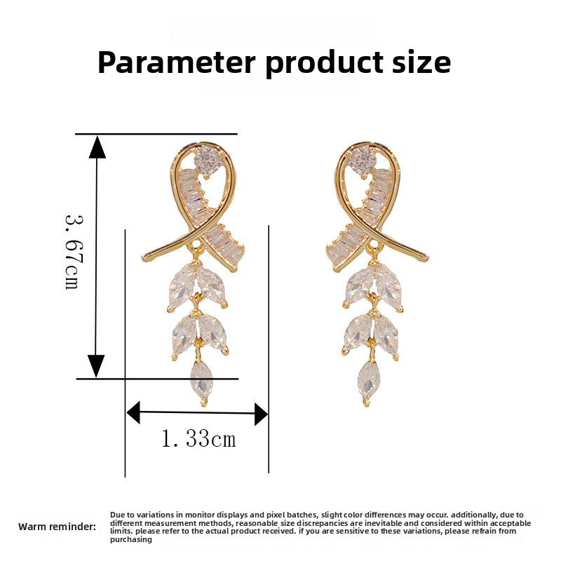 New Style Leaves Tassel Drop Earrings For Women In Real Gold Plated Copper With Zircon Inlay