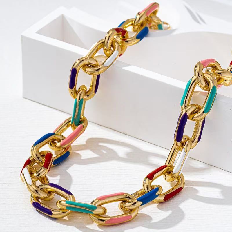 Gold Color Block Hip-Hop Necklace With Zinc Alloy Enamel Pendant, Unisex Style