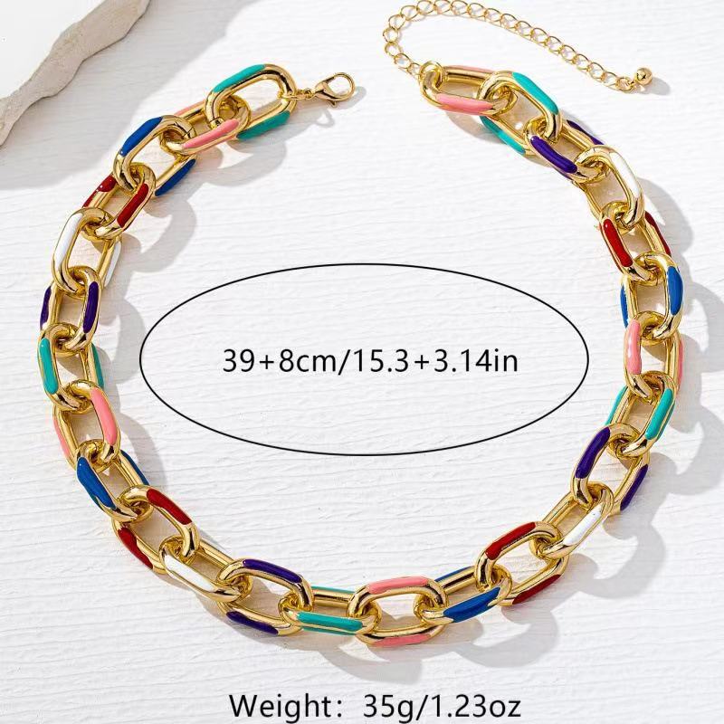 Gold Color Block Hip-Hop Necklace With Zinc Alloy Enamel Pendant, Unisex Style