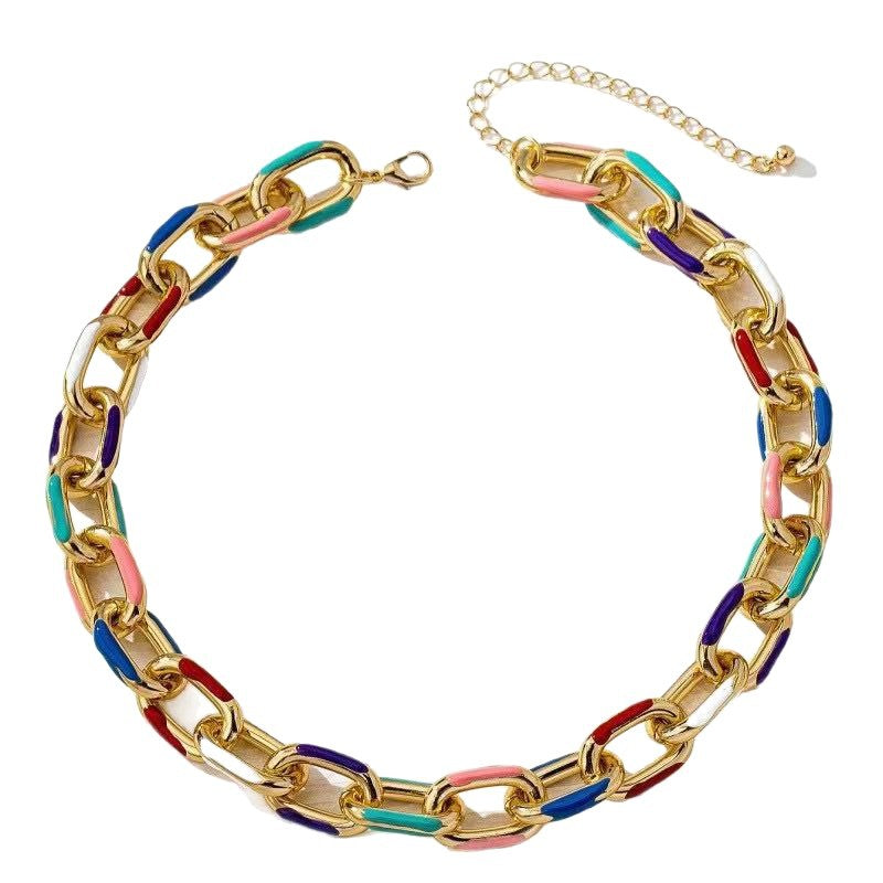 Gold Color Block Hip-Hop Necklace With Zinc Alloy Enamel Pendant, Unisex Style