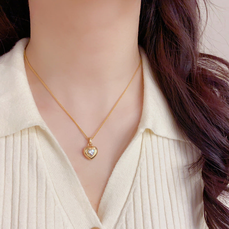 Heart Shape Necklace For Women In Simple Style, Copper Pendant With Real Gold Plated And Zircon Inlay