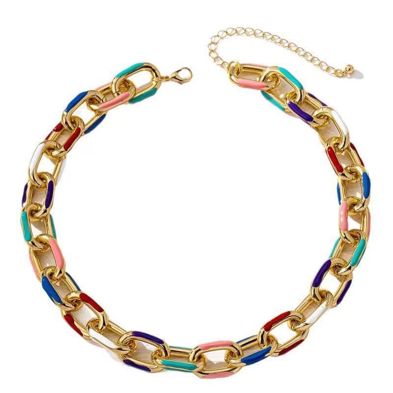 Gold Color Block Hip-Hop Necklace With Zinc Alloy Enamel Pendant, Unisex Style