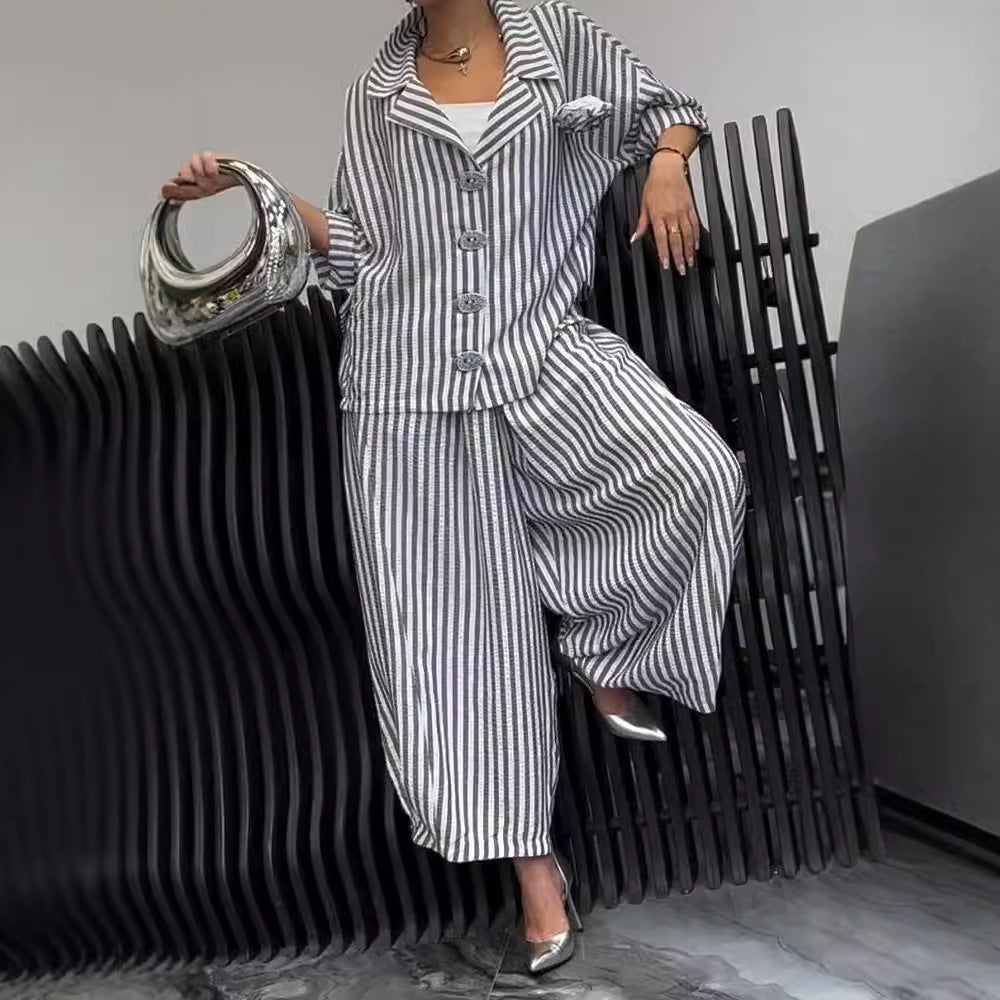 Casual Stripe Long Sleeve Shirt In Loose Fit With Knitted Polyester Fabric For Spring