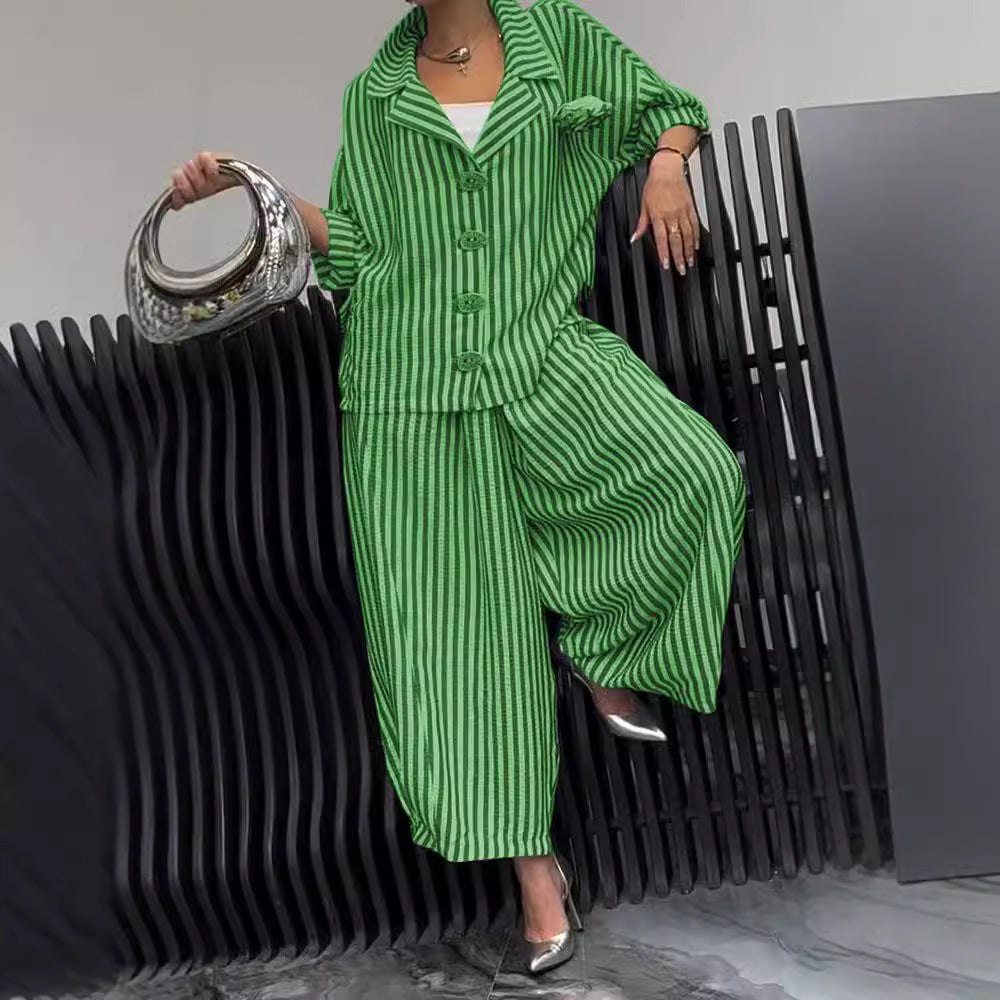 Casual Stripe Long Sleeve Shirt In Loose Fit With Knitted Polyester Fabric For Spring