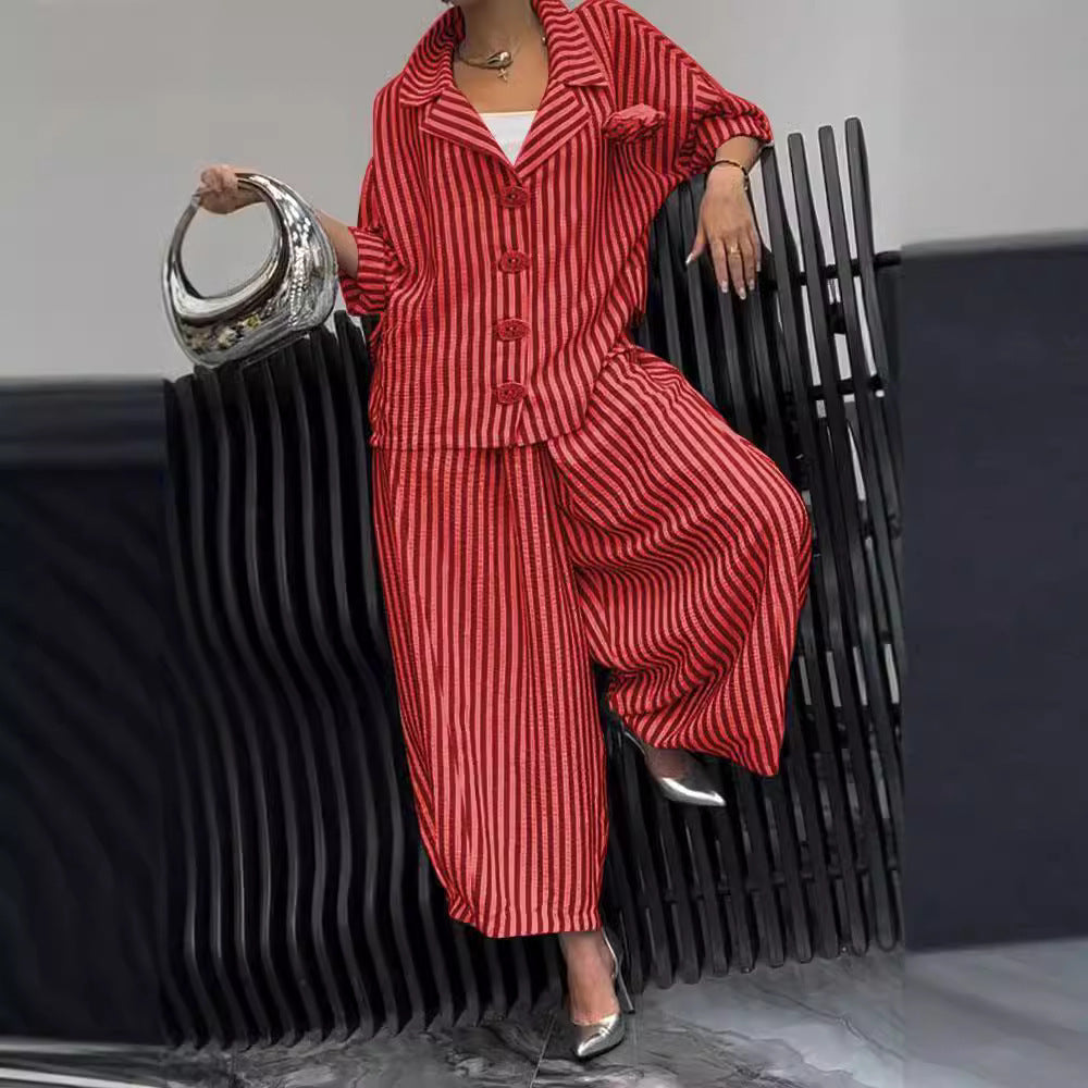 Casual Stripe Long Sleeve Shirt In Loose Fit With Knitted Polyester Fabric For Spring