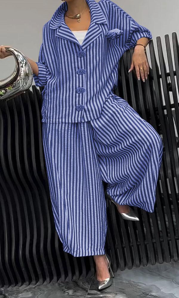Casual Stripe Long Sleeve Shirt In Loose Fit With Knitted Polyester Fabric For Spring