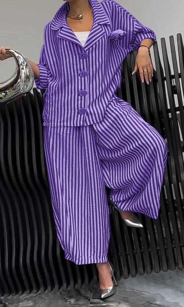 Casual Stripe Long Sleeve Shirt In Loose Fit With Knitted Polyester Fabric For Spring