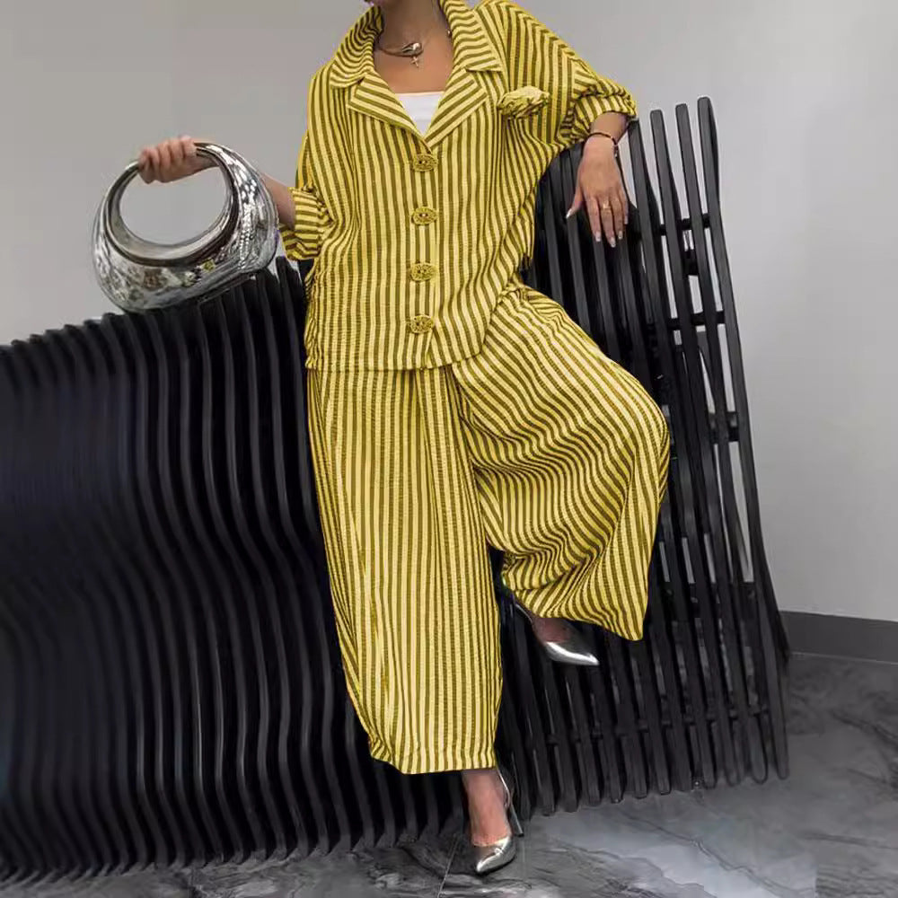 Casual Stripe Long Sleeve Shirt In Loose Fit With Knitted Polyester Fabric For Spring