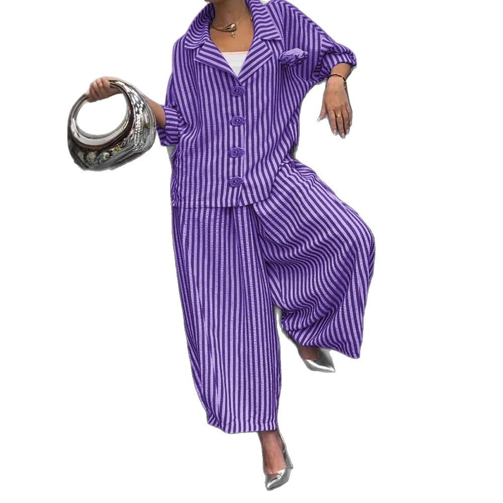 Casual Stripe Long Sleeve Shirt In Loose Fit With Knitted Polyester Fabric For Spring