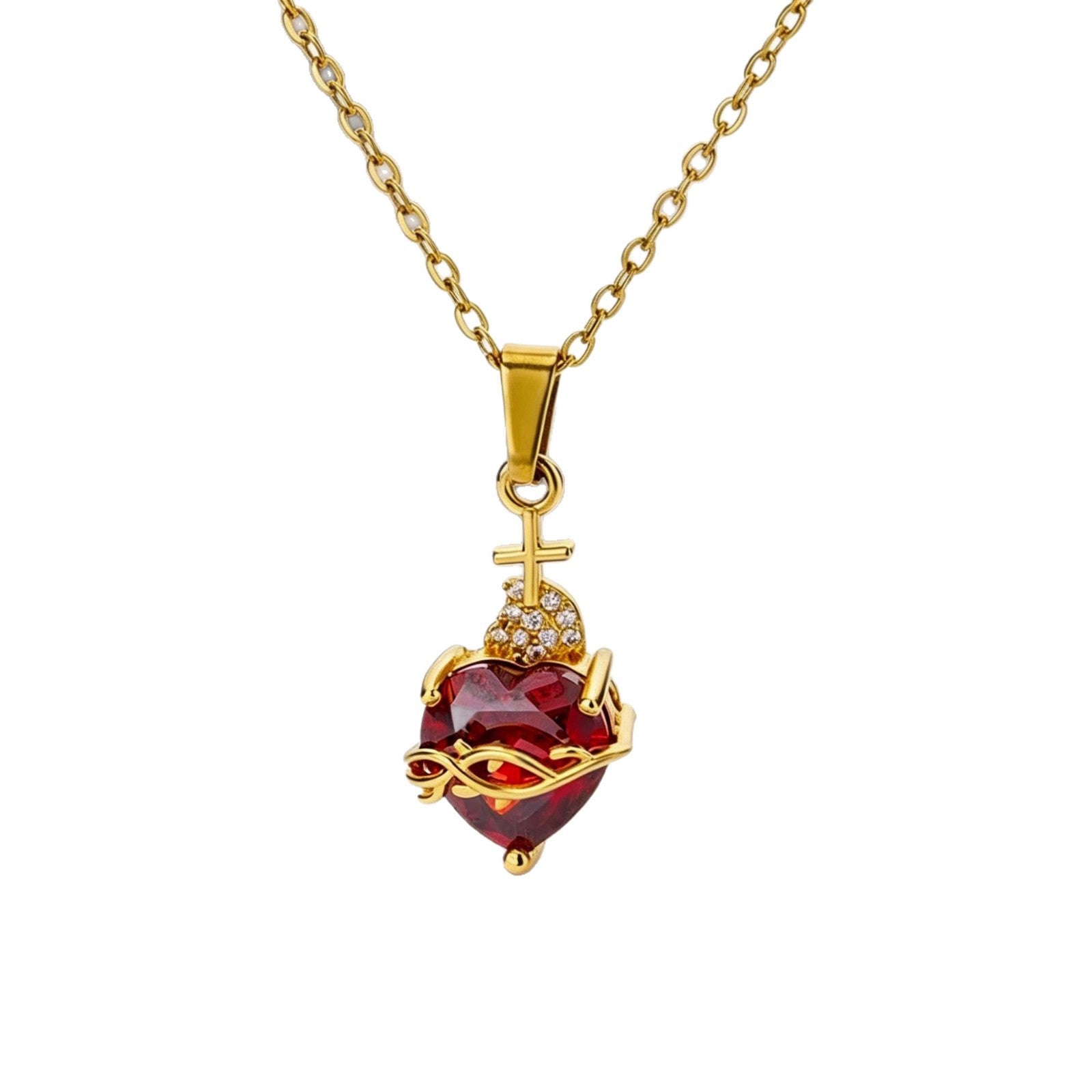 Heart Shape Pendant Necklace For Women In Copper With Zircon Inlay And Electroplated Gold Plating, Featuring A Cable Chain
